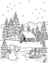 Paisagem de inverno com boneco de neve